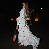 2025 Printed High-Neck Ruffled Long-Sleeved Pleated Slit Bodycon Dress JY-303710