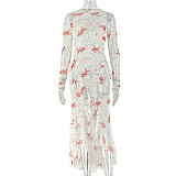 2025 Printed High-Neck Ruffled Long-Sleeved Pleated Slit Bodycon Dress JY-303710