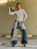 2025 New Style Two-tone Patchwork Contrasting Curved Edge Jeans RS-5943