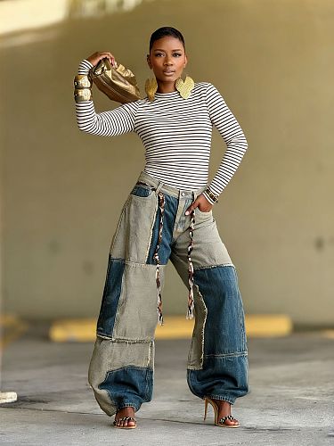 2025 New Style Two-tone Patchwork Contrasting Curved Edge Jeans RS-5943