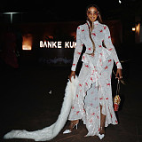 2025 Printed High-Neck Ruffled Long-Sleeved Pleated Slit Bodycon Dress JY-303710