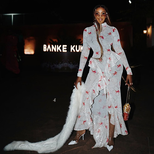 2025 Printed High-Neck Ruffled Long-Sleeved Pleated Slit Bodycon Dress JY-303710