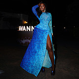 2025 Fashionable Round Neck Printed Long-Sleeved Slit Hem Bodycon Dress JY-303711