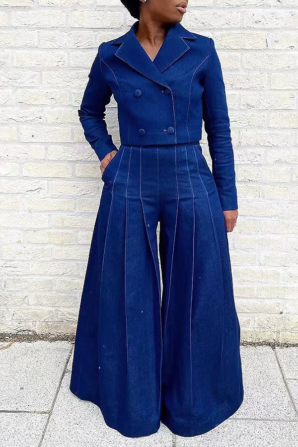 Fashion V-neck Wide-leg Pants Set Denim Suit CY-9809