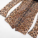 Autumn Square-neck Fitted Waist Leopard Print Sequined Flared Long-sleeved Jumpsuit XYWL-25RP463