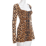 Autumn Square-neck Fitted Waist Leopard Print Sequined Flared Long-sleeved Jumpsuit XYWL-25RP463