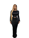 Sexy Hollow-out Crop Top and Ruched Long Skirt Two-piece Set SFY-828