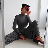2025 High-Neck Long-Sleeve Pleated Patchwork Jumpsuit ZJQD-80706