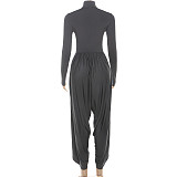 2025 High-Neck Long-Sleeve Pleated Patchwork Jumpsuit ZJQD-80706