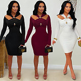2025 Fashionable Solid Color Elegant Off-Shoulder Slim-Fit Bodycon Dress BY-7627