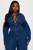 2025 Fashionable Stretch Flared Leg Washed Denim Long-Sleeved Jumpsuit JLX-3587