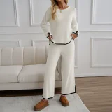 2025 Casual Solid Color Knitted Long-Sleeved Sweater and Pants Set LDG-48016
