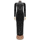 Stylish and Elegant Velvet Long-sleeved Dress With Rhinestone Embellishments BY-7617