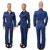 2025 Fashionable Stretch Flared Leg Washed Denim Long-Sleeved Jumpsuit JLX-3587