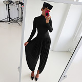 2025 High-Neck Long-Sleeve Pleated Patchwork Jumpsuit ZJQD-80706