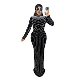 Stylish and Elegant Velvet Long-sleeved Dress With Rhinestone Embellishments BY-7617