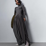 2025 High-Neck Long-Sleeve Pleated Patchwork Jumpsuit ZJQD-80706