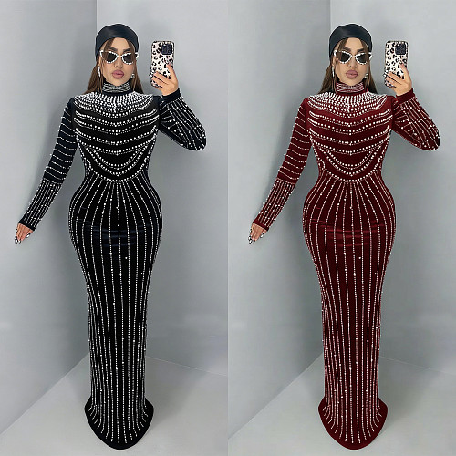 Stylish and Elegant Velvet Long-sleeved Dress With Rhinestone Embellishments BY-7617