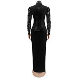 Stylish and Elegant Velvet Long-sleeved Dress With Rhinestone Embellishments BY-7617