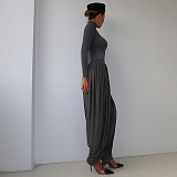 2025 High-Neck Long-Sleeve Pleated Patchwork Jumpsuit ZJQD-80706