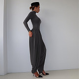 2025 High-Neck Long-Sleeve Pleated Patchwork Jumpsuit ZJQD-80706
