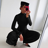 2025 High-Neck Long-Sleeve Pleated Patchwork Jumpsuit ZJQD-80706