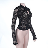 Solid Color Slim-fit V-neck Long-sleeved Lace Base Layer Top FL-25521