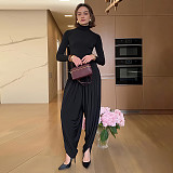 2025 High-Neck Long-Sleeve Pleated Patchwork Jumpsuit ZJQD-80706