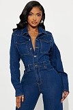 2025 Fashionable Stretch Flared Leg Washed Denim Long-Sleeved Jumpsuit JLX-3587