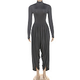 2025 High-Neck Long-Sleeve Pleated Patchwork Jumpsuit ZJQD-80706