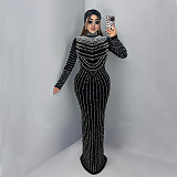 Stylish and Elegant Velvet Long-sleeved Dress With Rhinestone Embellishments BY-7617