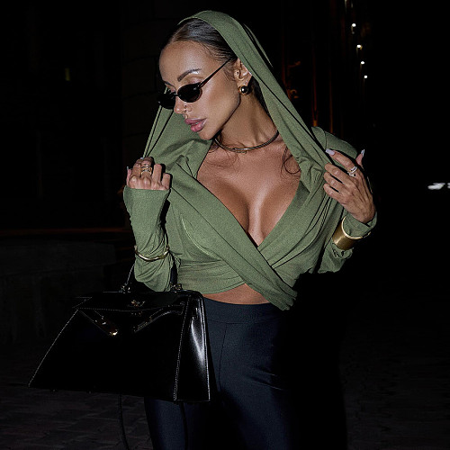 2025 Fashionable and Sexy Cross V-Neck Slim-Fit Crop Top with Long Sleeves ZJQD-80381