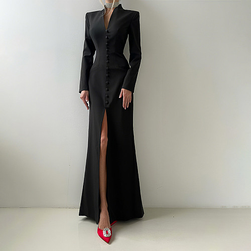 Stylish Solid-color Dress With A Low-cut V-neck Side Slit and High Waist ZJQD-80722