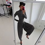 2025 High-Neck Long-Sleeve Pleated Patchwork Jumpsuit ZJQD-80706