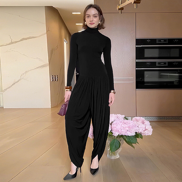2025 High-Neck Long-Sleeve Pleated Patchwork Jumpsuit ZJQD-80706
