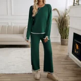 2025 Casual Solid Color Knitted Long-Sleeved Sweater and Pants Set LDG-48016