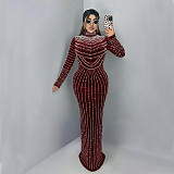 Stylish and Elegant Velvet Long-sleeved Dress With Rhinestone Embellishments BY-7617
