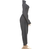 2025 High-Neck Long-Sleeve Pleated Patchwork Jumpsuit ZJQD-80706