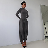 2025 High-Neck Long-Sleeve Pleated Patchwork Jumpsuit ZJQD-80706