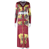 Stylish Long-sleeved Crop Top and Button-down Skirt Two-piece Set JY-710650