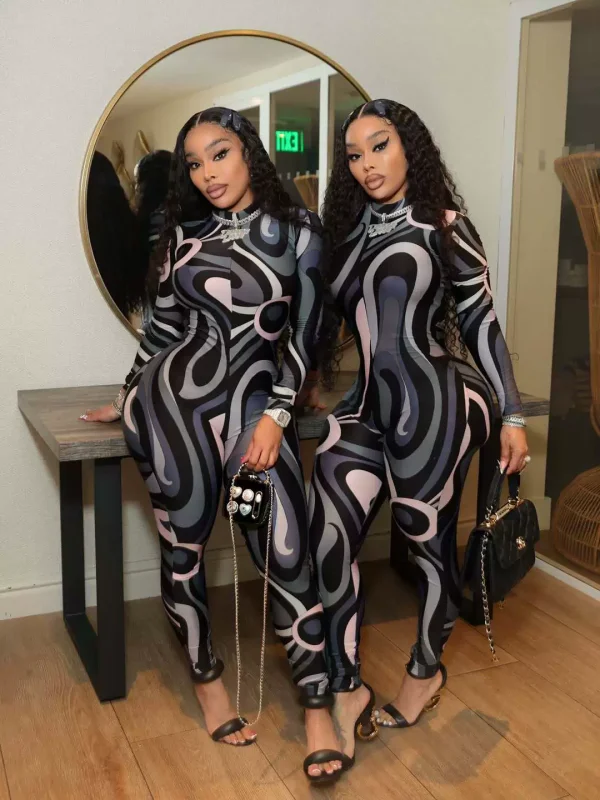 New Arrival Sexy Color-Blocking Printed Slim-Fit Stretchy High-Neck Jumpsuit XS-1863
