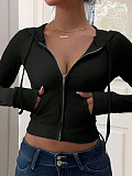 Stylish Solid Color Casual Loose Hooded Zip-up Jacket/Top With Pockets XS-954