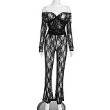 Autumn/Winter Lace Cutout Off-Shoulder Bardot Neck High-Waisted Flared Pants Set XYWL-25ST447