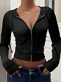 Stylish Solid Color Casual Loose Hooded Zip-up Jacket/Top With Pockets XS-954