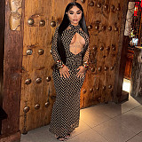 Fashionable Hollow-out Design Striped Print Halter Neck Long-Sleeve Bodycon Dress JY-303887