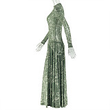 2025 Retro Print Sheer Stand-Collar Long-Sleeve A-Line Dress JY-303661