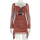 Sexy Solid Color U-neck Cutout Ruched Long-sleeved Bodycon Mini Dress JY-303289