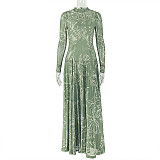 2025 Retro Print Sheer Stand-Collar Long-Sleeve A-Line Dress JY-303661