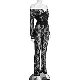 Autumn/Winter Lace Cutout Off-Shoulder Bardot Neck High-Waisted Flared Pants Set XYWL-25ST447