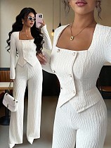 Stylish Solid-color Pleated Button-down Square-neck Top and Trousers Set XS-1705 Stylish Solid-color Pleated Button-down Square-neck Top and Trousers Set XS-1705
